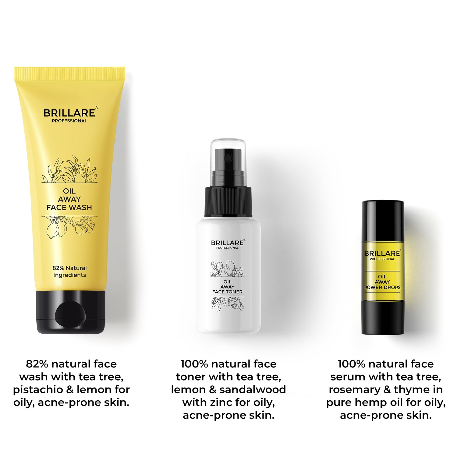 Brillare Oil Away Face Wash, Brillare Oil Away Face Toner &amp; Brillare Oil Away Power Drops with side text include their nature score and key ingredient names.