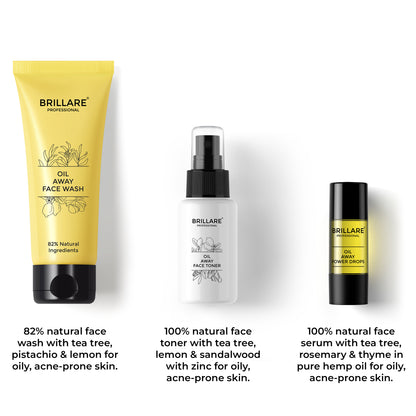 Brillare Oil Away Face Wash, Brillare Oil Away Face Toner &amp; Brillare Oil Away Power Drops with side text include their nature score and key ingredient names.