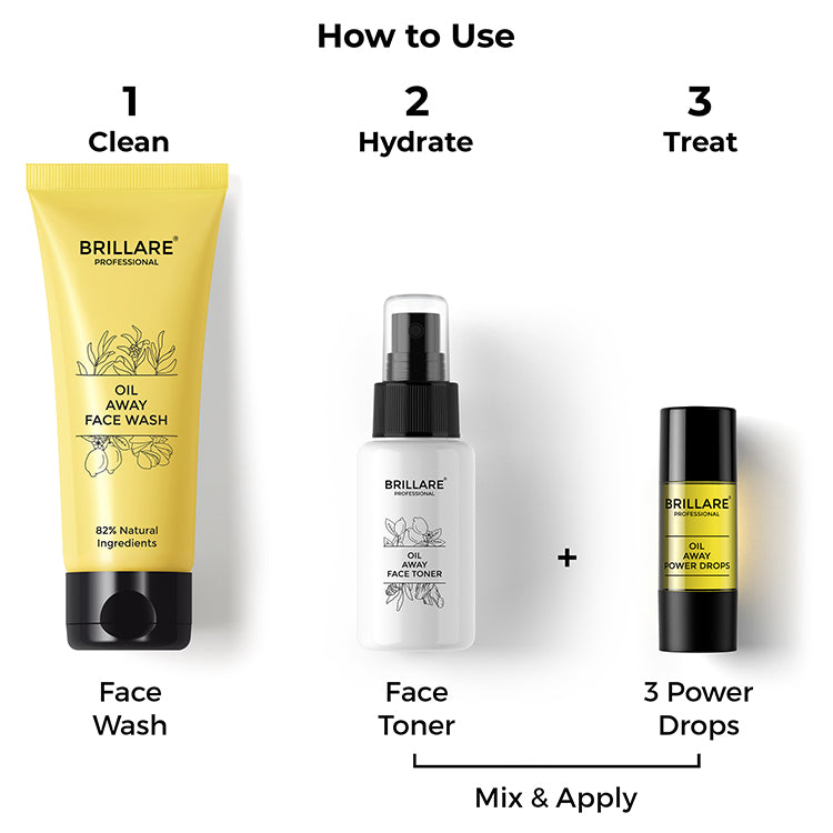 steps on how to use Brillare Oil Away Face Wash, Brillare Oil Away Face Toner &amp; Brillare Oil Away Power Drops