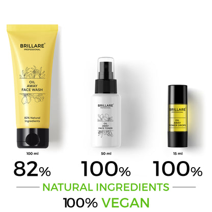 Brillare Oil Away Face Wash, Brillare Oil Away Face Toner &amp; Brillare Oil Away Power Drops with side text include their nature score and 100% vegan.