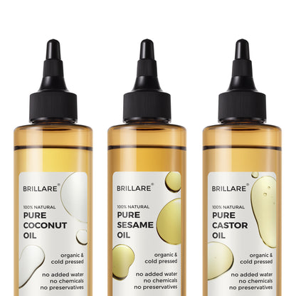 front view of Brillare Pure Coconut Oil, Brillare Pure Sesame Oil &amp; Brillare Pure Castor Oil. Organic &amp; Cold Pressed.