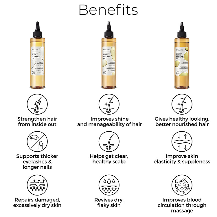 Brillare Pure Coconut Oil, Brillare Pure Sesame Oil &amp; Brillare Pure Castor Oil with side text include their benefits