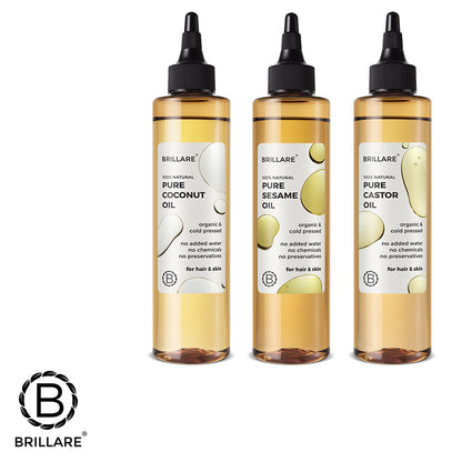 Brillare Pure Coconut Oil, Brillare Pure Sesame Oil &amp; Brillare Pure Castor Oil with Brillare Logo.