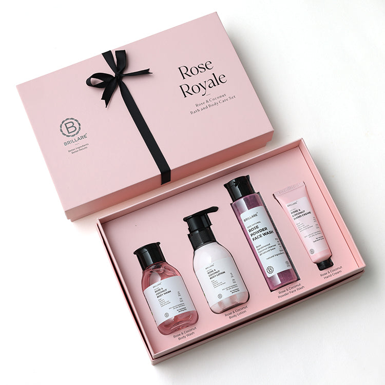 Brillare Rose Royale Gift Box with Rose &amp; Coconut Body Wash, Body Lotion, Powder Face Wash and Hand Creme.