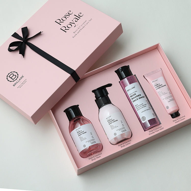 Brillare Rose Royale Gift Box with Rose &amp; Coconut Body Wash, Body Lotion, Powder Face Wash and Hand Creme.