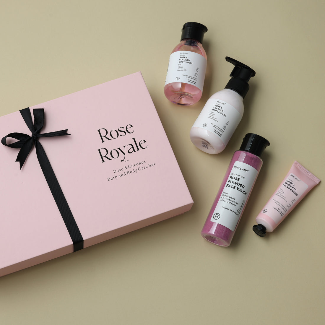 Brillare Rose Royale Gift Box with Rose &amp; Coconut Body Wash, Body Lotion, Powder Face Wash and Hand Creme.