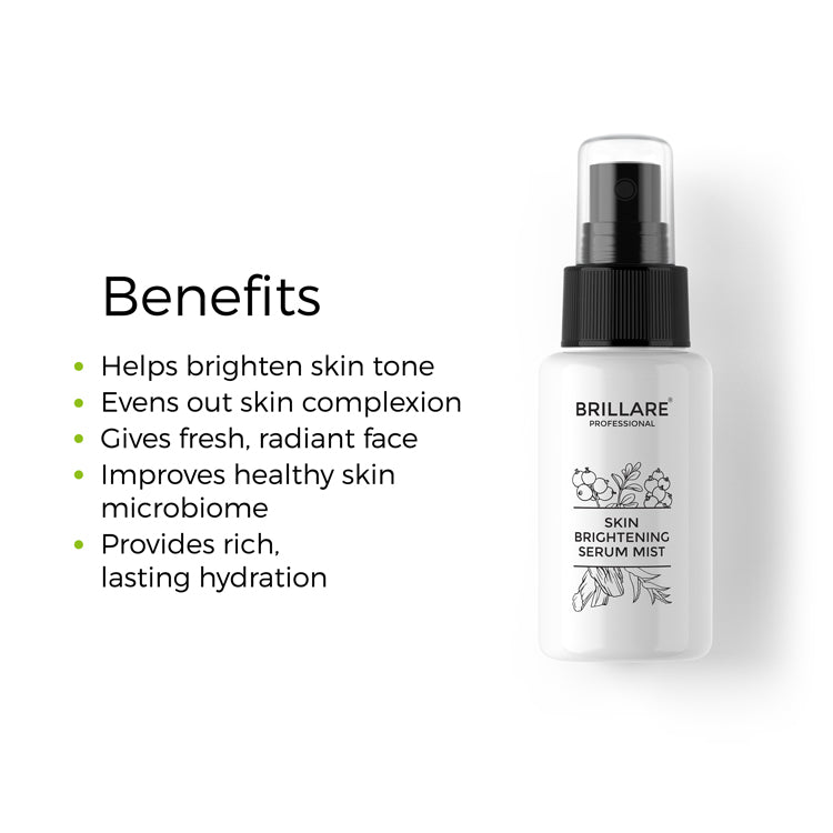 Brillare Professional Skin Brightening Serum Mist with the side text benefits include: helps brighten skin tone, gradually clears dark spots, reduces tanning.