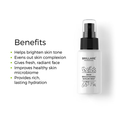 Brillare Professional Skin Brightening Serum Mist with the side text benefits include: helps brighten skin tone, gradually clears dark spots, reduces tanning.