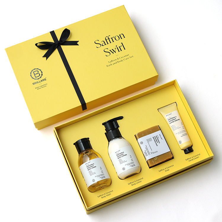 Brillare Saffron Swirl Gift Box with Saffron &amp; Coconut Body Wash, Body Lotion, Bathing Bar and Hand Creme. 