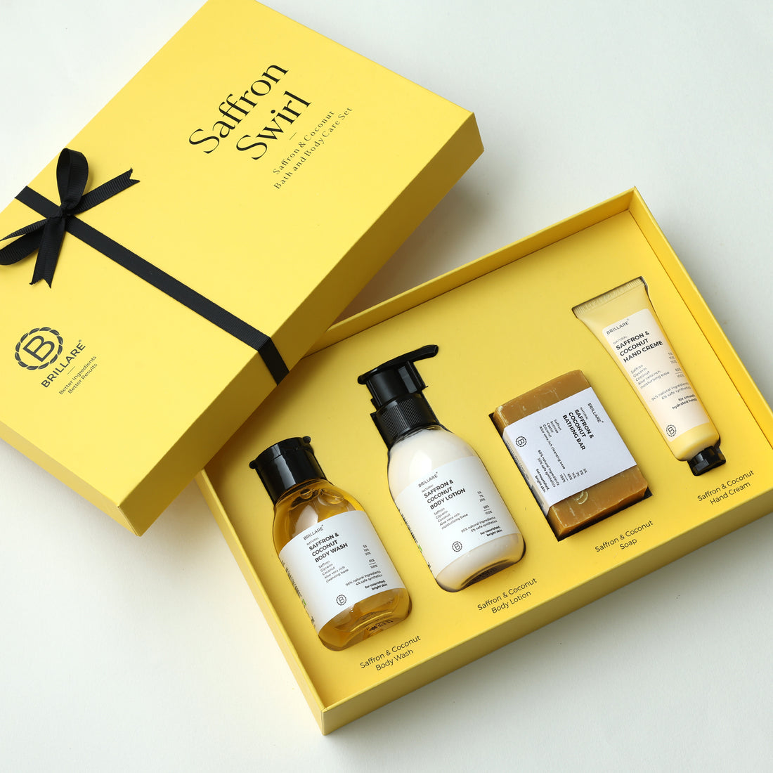 Brillare Saffron Swirl Gift Box with Saffron &amp; Coconut Body Wash, Body Lotion, Bathing Bar and Hand Creme. 