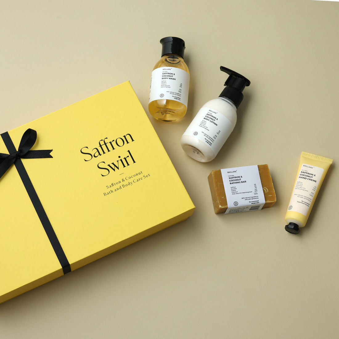 Brillare Saffron Swirl Gift Box with Saffron &amp; Coconut Body Wash, Body Lotion, Bathing Bar and Hand Creme. 