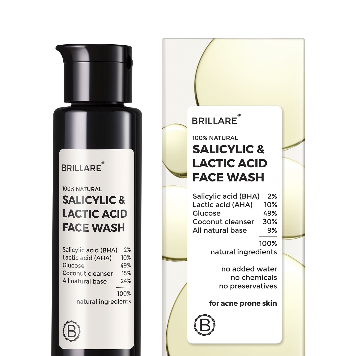 Image of Brillare Salicylic &amp; Lactic Acid Face Wash with its outer box. Ingredients mentioned on the product label and outer box.