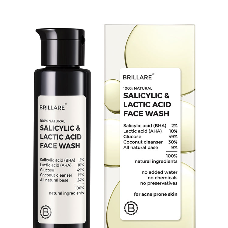 Image of Brillare Salicylic &amp; Lactic Acid Face Wash with its outer box. Ingredients mentioned on the product label and outer box.