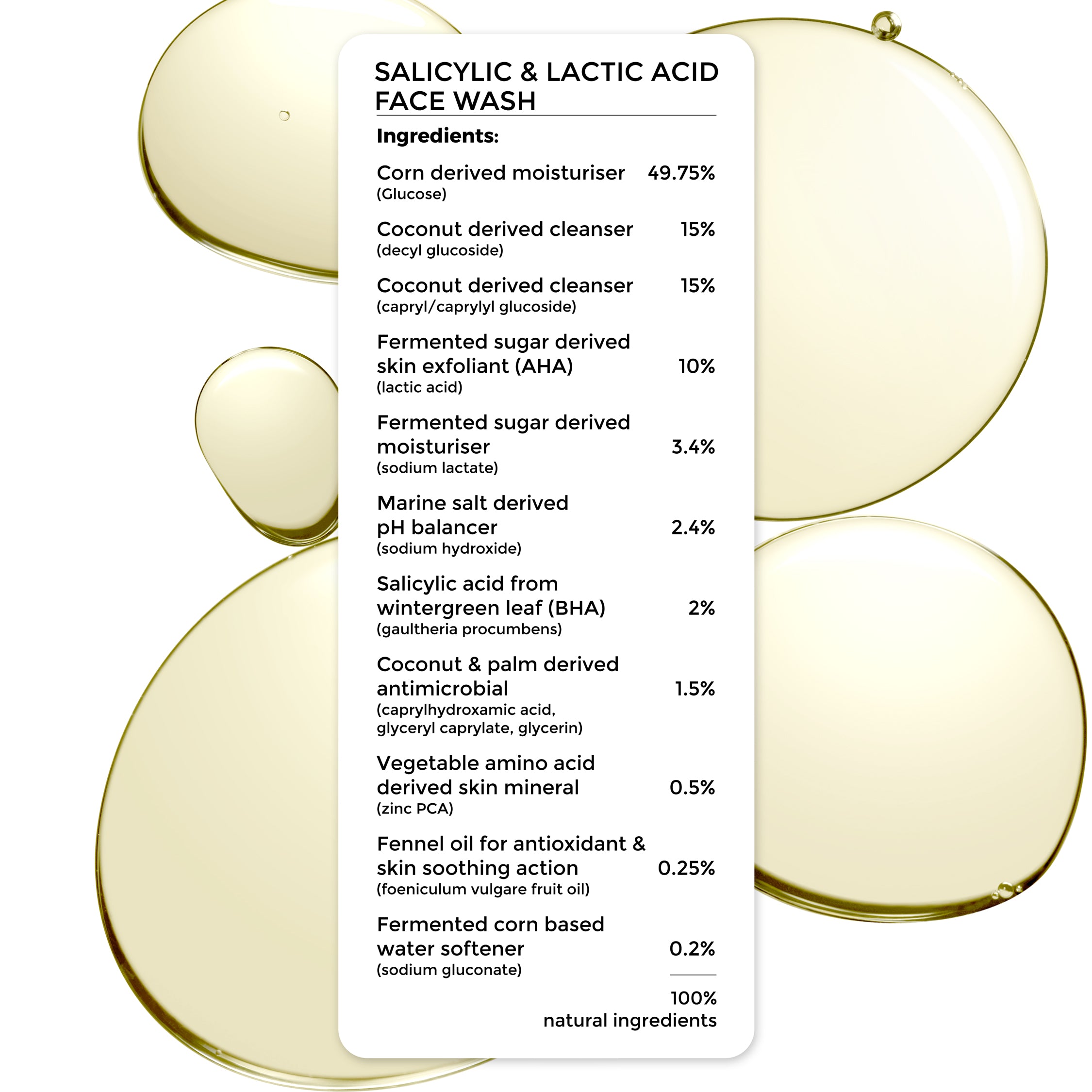 Ingredient list of Brillare Salicylic &amp; Lactic Acid Face Wash. contains 100% natural ingredients. 