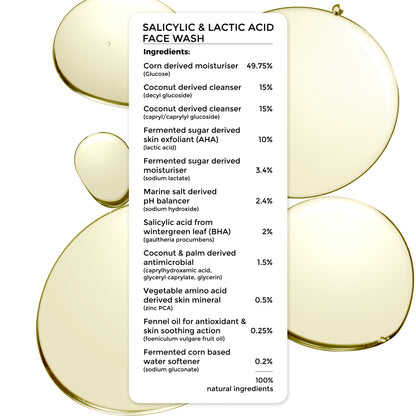 Ingredient list of Brillare Salicylic &amp; Lactic Acid Face Wash. contains 100% natural ingredients. 