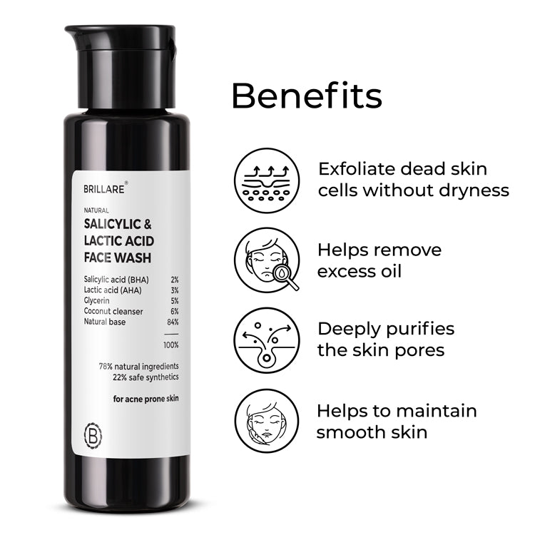 Brillare Salicylic &amp; Lactic Acid Face Wash with the side text benefits include: Exfoliate dead skin cells without dryness, helps remove excess oil, deeply purifies the skin pores, helps to maintain smooth skin. 