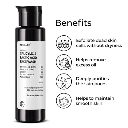 Brillare Salicylic &amp; Lactic Acid Face Wash with the side text benefits include: Exfoliate dead skin cells without dryness, helps remove excess oil, deeply purifies the skin pores, helps to maintain smooth skin. 