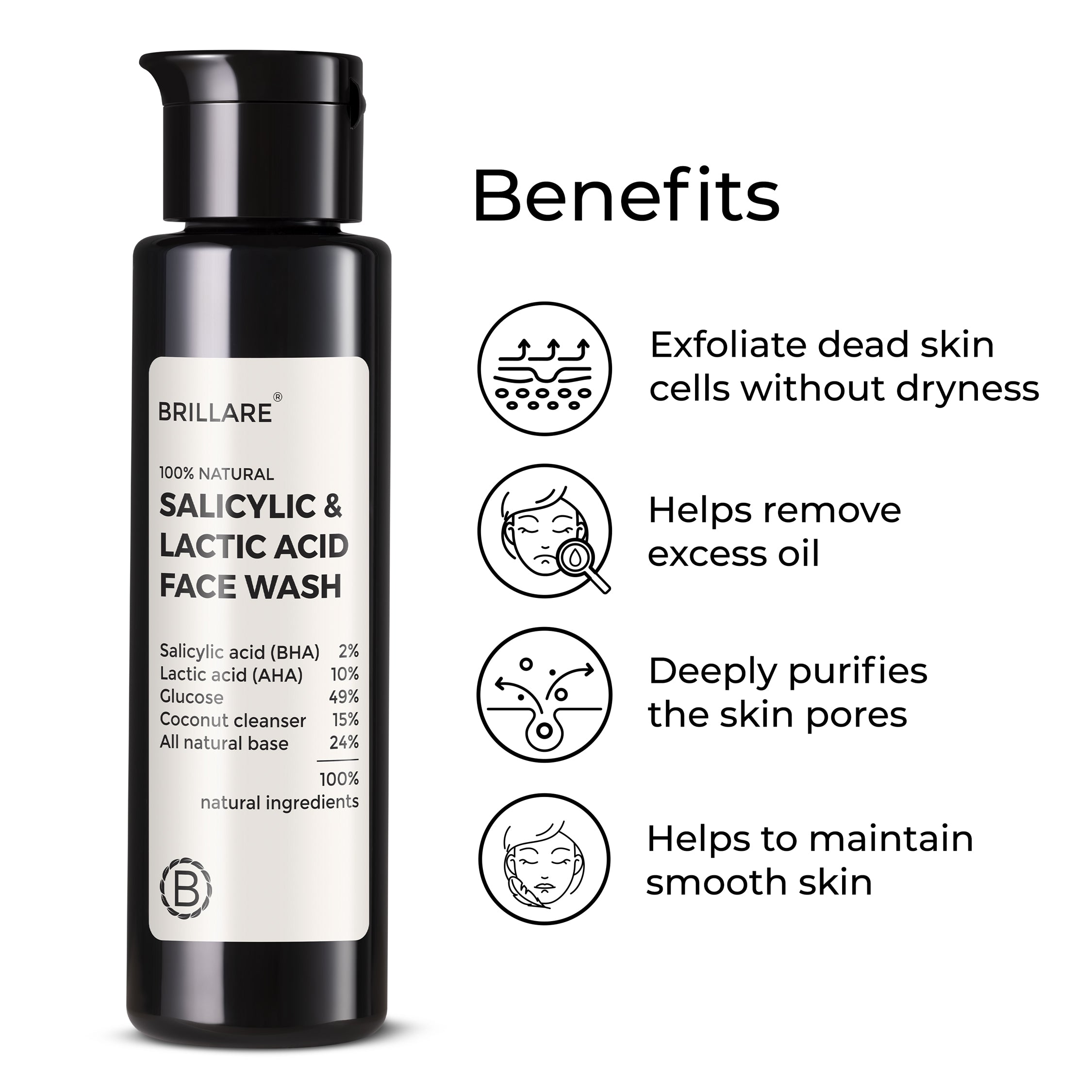 Brillare Salicylic &amp; Lactic Acid Face Wash with the side text benefits include: Exfoliate dead skin cells without dryness, helps remove excess oil, deeply purifies the skin pores, helps to maintain smooth skin. 