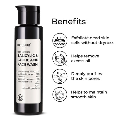 Brillare Salicylic &amp; Lactic Acid Face Wash with the side text benefits include: Exfoliate dead skin cells without dryness, helps remove excess oil, deeply purifies the skin pores, helps to maintain smooth skin. 