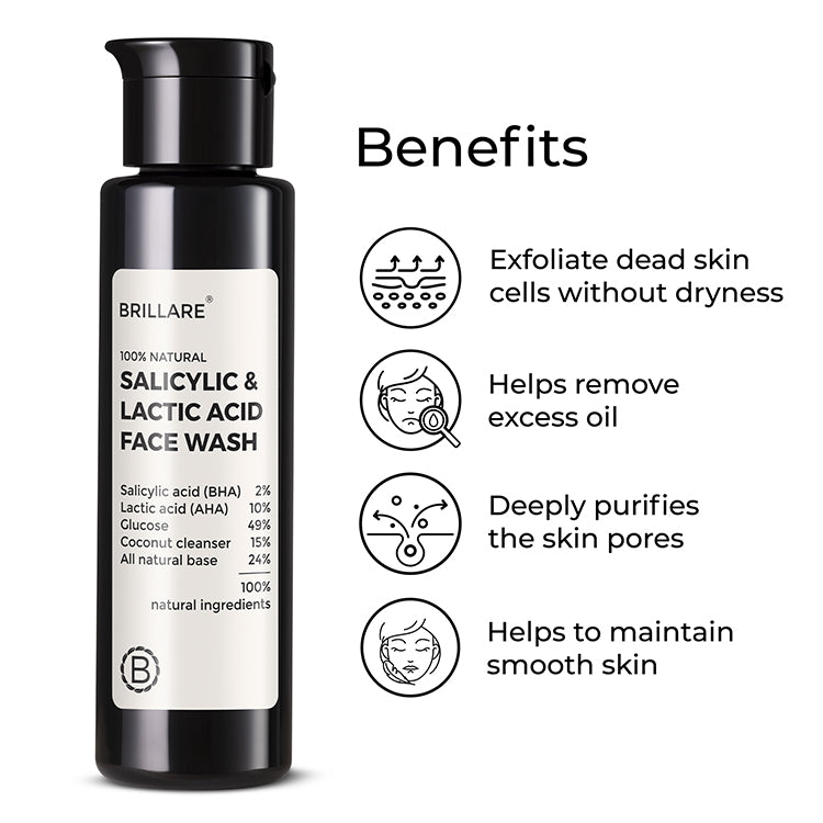 Brillare Salicylic &amp; Lactic Acid Face Wash with the side text benefits include: Exfoliate dead skin cells without dryness, helps remove excess oil, deeply purifies the skin pores, helps to maintain smooth skin. 