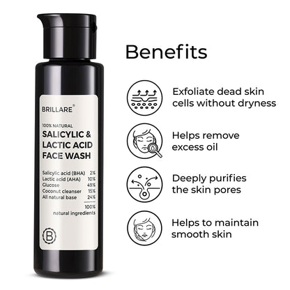 Brillare Salicylic &amp; Lactic Acid Face Wash with the side text benefits include: Exfoliate dead skin cells without dryness, helps remove excess oil, deeply purifies the skin pores, helps to maintain smooth skin. 