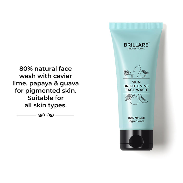 Brillare Professional Skin Brightening face wash. Texts besides the product reads: 80% Natural face wash with cavierlime, papaya &amp; guava for pigmented skin. Suitable for all skin types. 