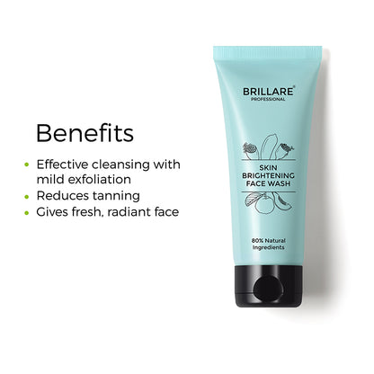 Brillare Professional Skin Brightening Face wash with the Text benefits include: Effective cleansing with mild exfoliation, reduce tanning. gives fresh, radiant face. 