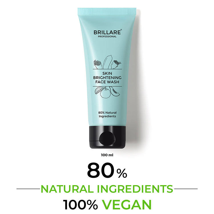 Brillare Professional Skin Brightening Face wash with the text include: 80% Natural Ingredients and 100% Vegan