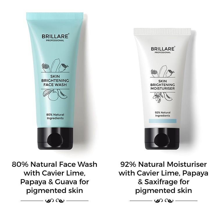 Brillare Professional Skin Brightening Face Wash &amp; Moisturiser with side text include their nature score and key ingredients.