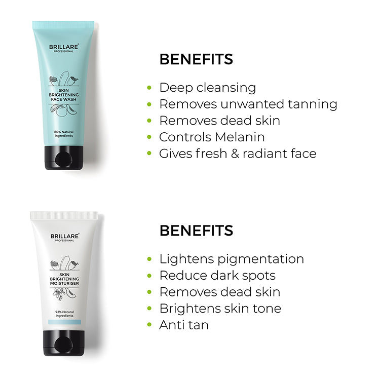 Brillare Professional Skin Brightening Face Wash &amp; Moisturiser with side text include their benefits.