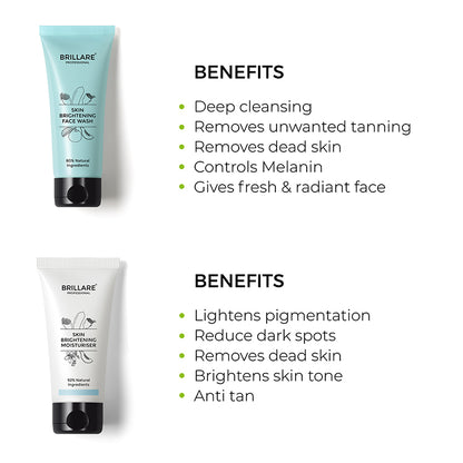 Brillare Professional Skin Brightening Face Wash &amp; Moisturiser with side text include their benefits.