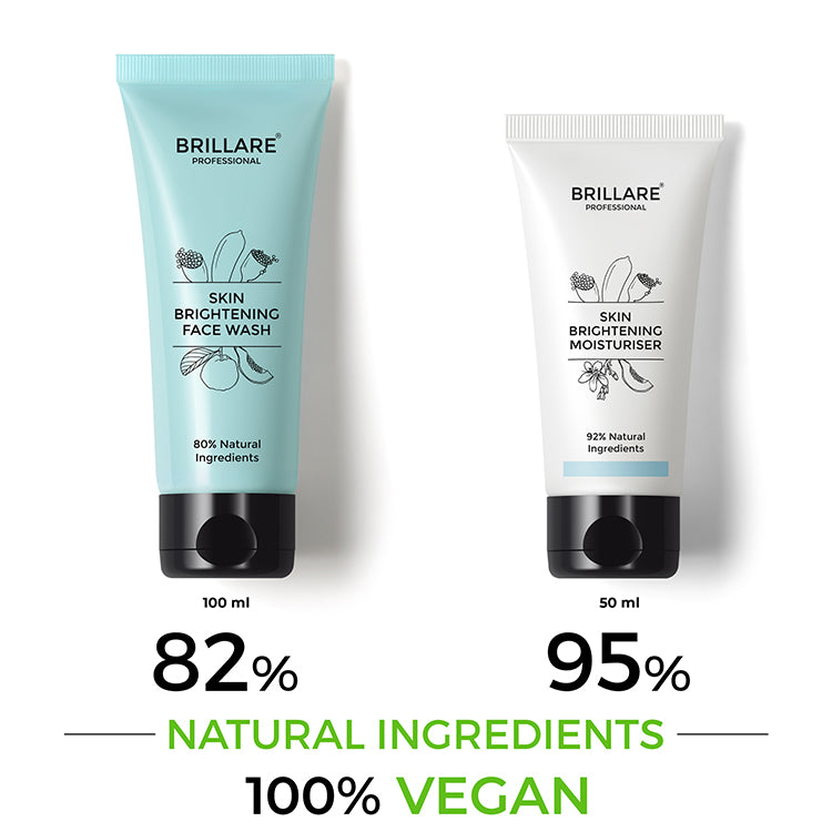 Brillare Professional Skin Brightening Face Wash &amp; Moisturiser with side text include their nature score and 100% vegan