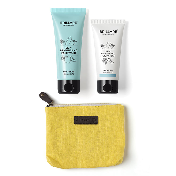 front view of Brillare Professional Skin Brightening Face Wash, Moisturiser and Yellow Pouch against white background.