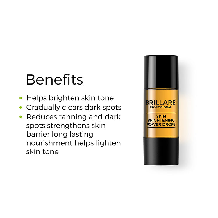 Brillare Professional Skin Brightening Power Drops with the side text include benefits: helps brighten skin tone, gradually clears dark spots, reduces tanning and dark spots strengthens skin barrier long lasting nourishment helps lighten skin tone.