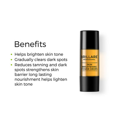 Brillare Professional Skin Brightening Power Drops with the side text include benefits: helps brighten skin tone, gradually clears dark spots, reduces tanning and dark spots strengthens skin barrier long lasting nourishment helps lighten skin tone.