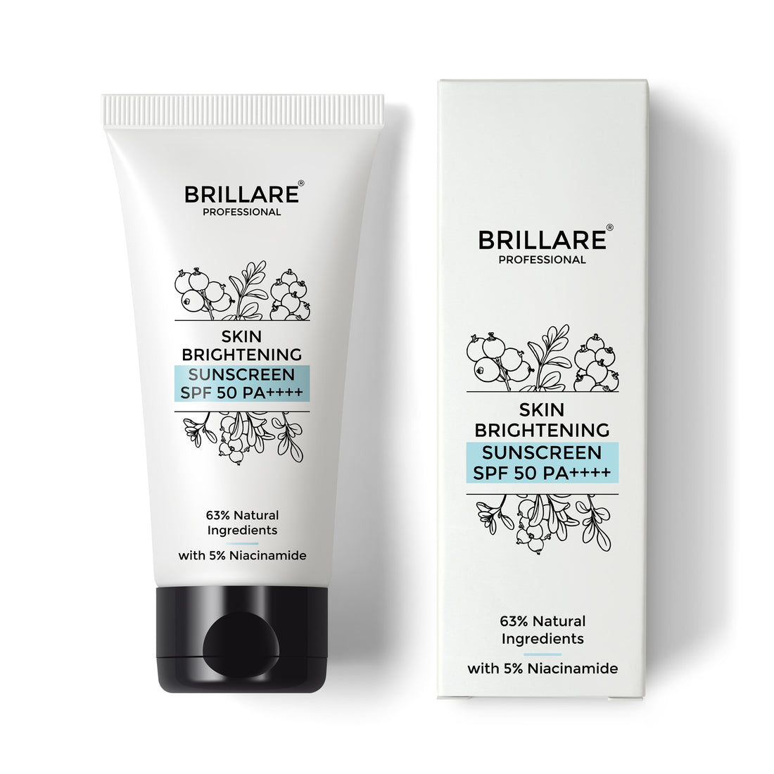 front view of Brillare Professional Skin Brightening Sunscreen SPF 50 PA++++ and its outer box. 